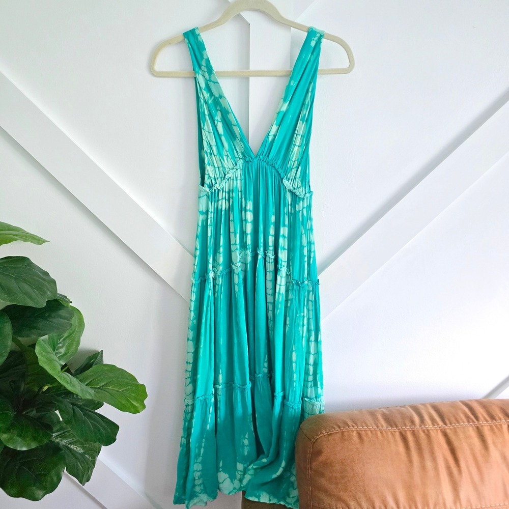 BhoMe Maxi Dress Women XS Jade NWT Tie Dye Boho Tiered V-Neck